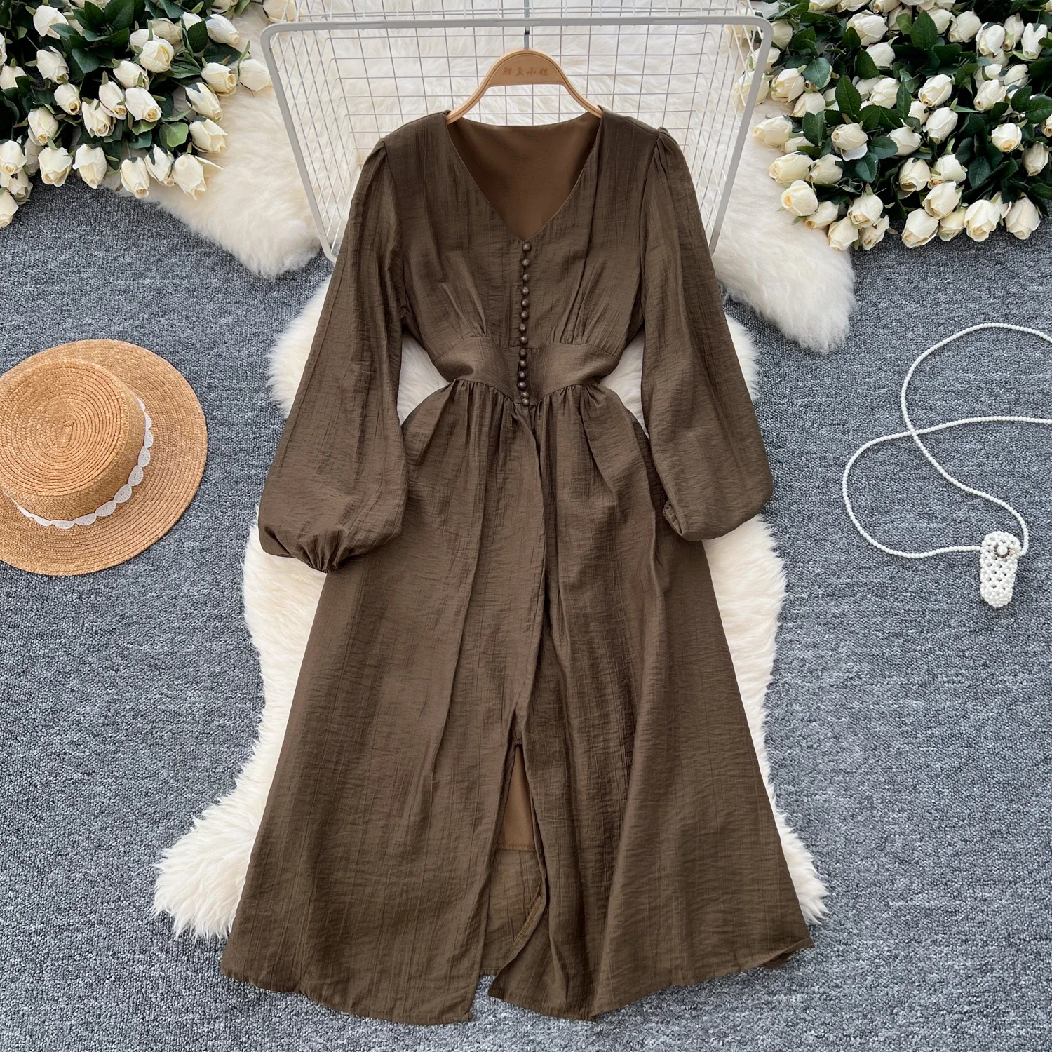 Vintage Elegant Vneck Long Sleeve Single Breasted Split Dress A-line Casual Women Fashion Autumn Spring Vestidos