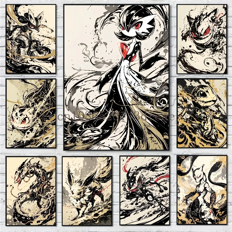 

Anime Figures Pokemon Ink Painting Canvas Painting Pikachu Posters and Prints Wall Art Picture for Living Room Children Gift