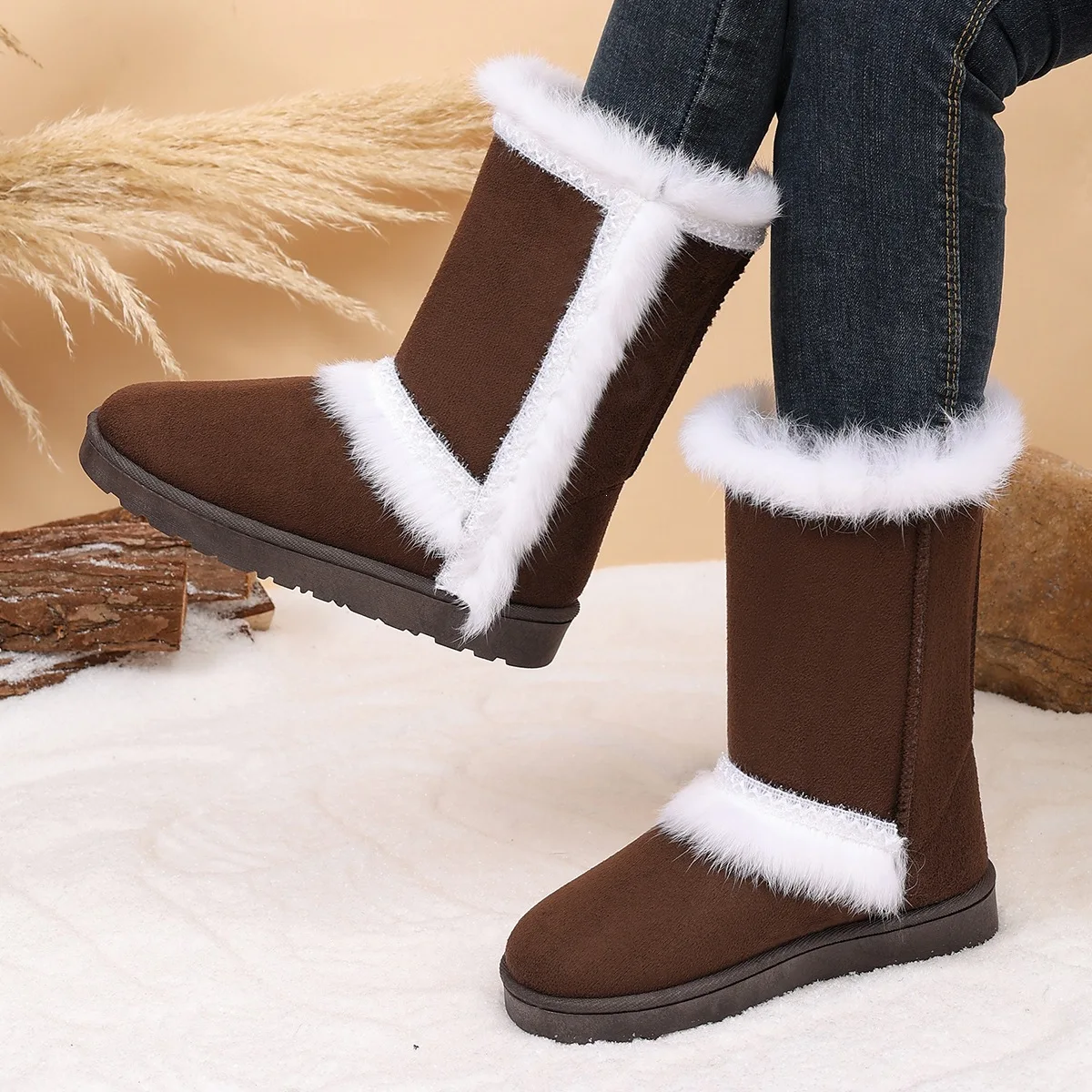 Large Size Flock Mid Calf Boots Women Winter Warm Comfortable Snow Boots Ladies Couple Furry Faux Fur High Tube Cotton Shoes