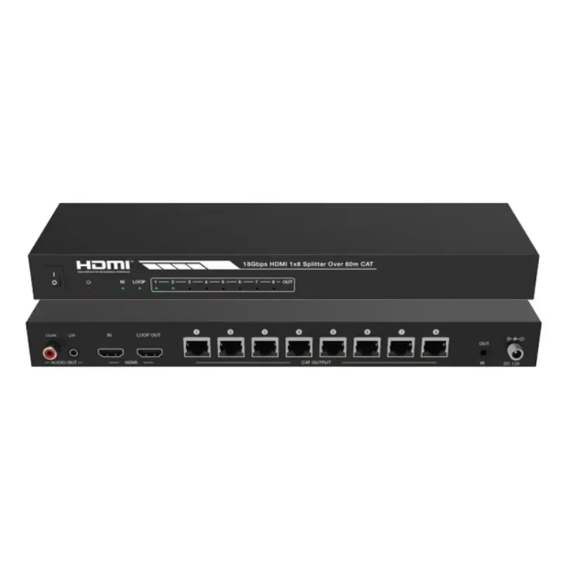 In stock 18Gbps HDMI Extender Splitter Over Ethernet 1 in 8 Out Over Cat5e/6 up to 60m with 8 Receiver for Home Theatre System