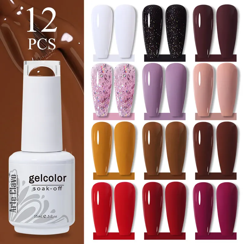 Arte Clavo-Ensemble de Verhéritage à Ongles Gel Semi-continu UV, Couche de Base et de Finition, Verhéritage Soak Off, Rouge et Violet, 15ml, 12 Pièces/Ensemble