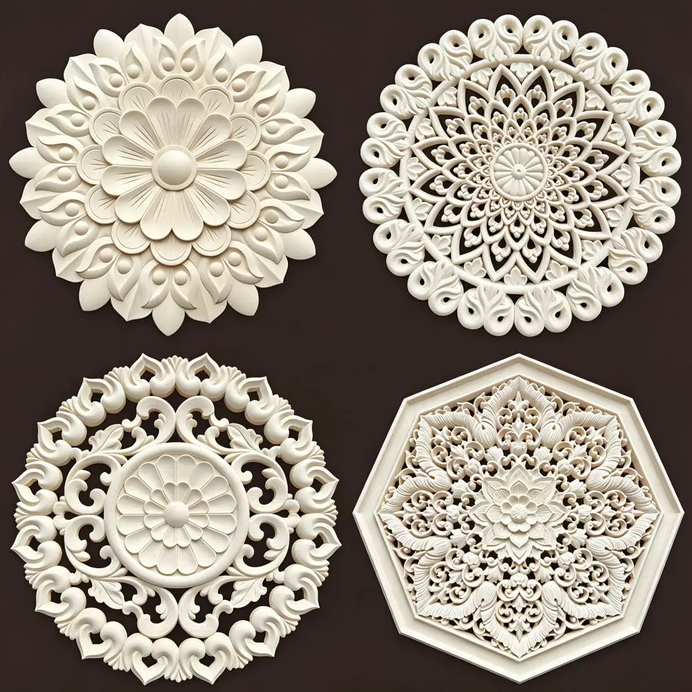 Round Unfinished Wood Appliques Carved Wooden Onlays Decorative Furniture Carvings for Cabinets Doors DIY home Decor