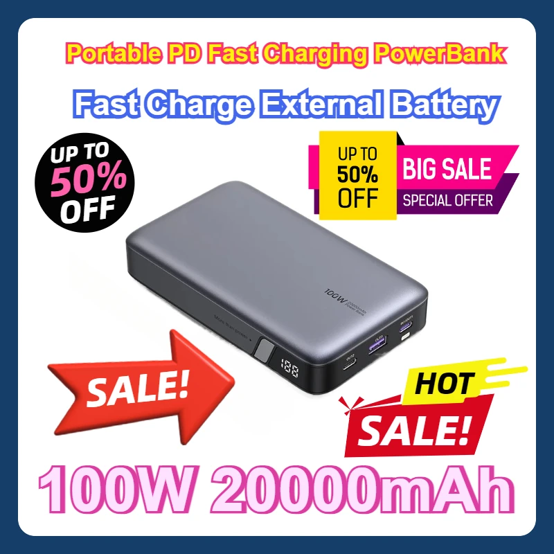 

For IPhone 15 Laptop Notebook Fast Charge External Battery 20000mAh Power Bank and 100W Portable PD Fast Charging PowerBank