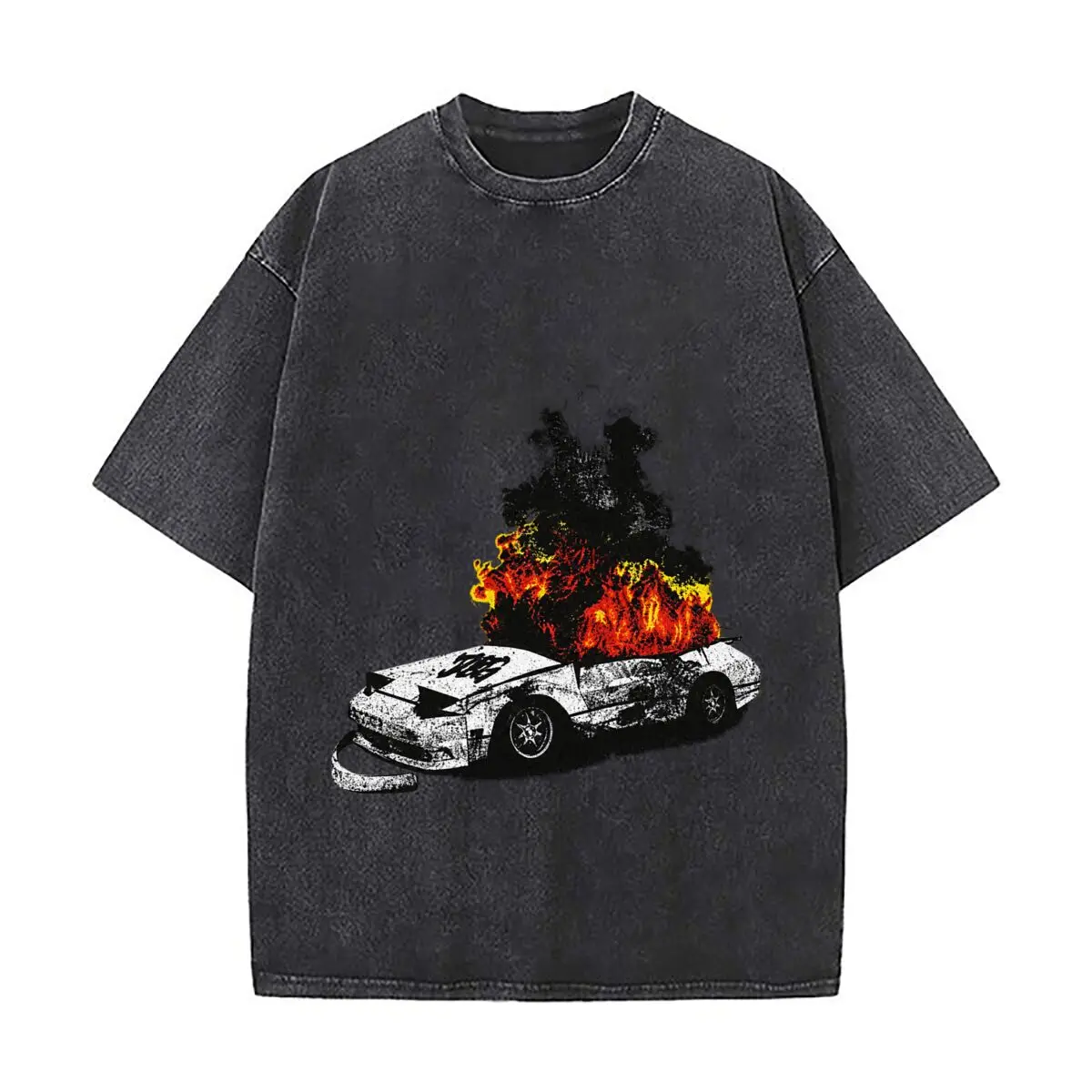 Burning White Sports Car Fiery Flame Graphic Washed Short Sleeve Loose Streetwear Tee Hip Hop