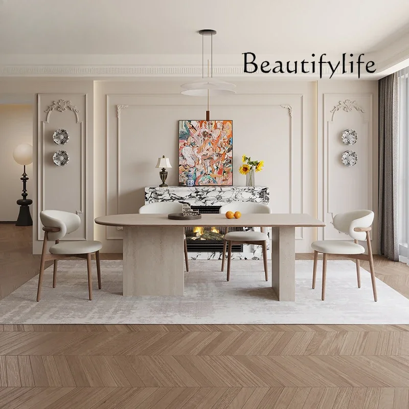 X35 French Antique Travertine Rock Slab Dining Table Household Modern Simple Rectangular Dining Table دميه للجماع