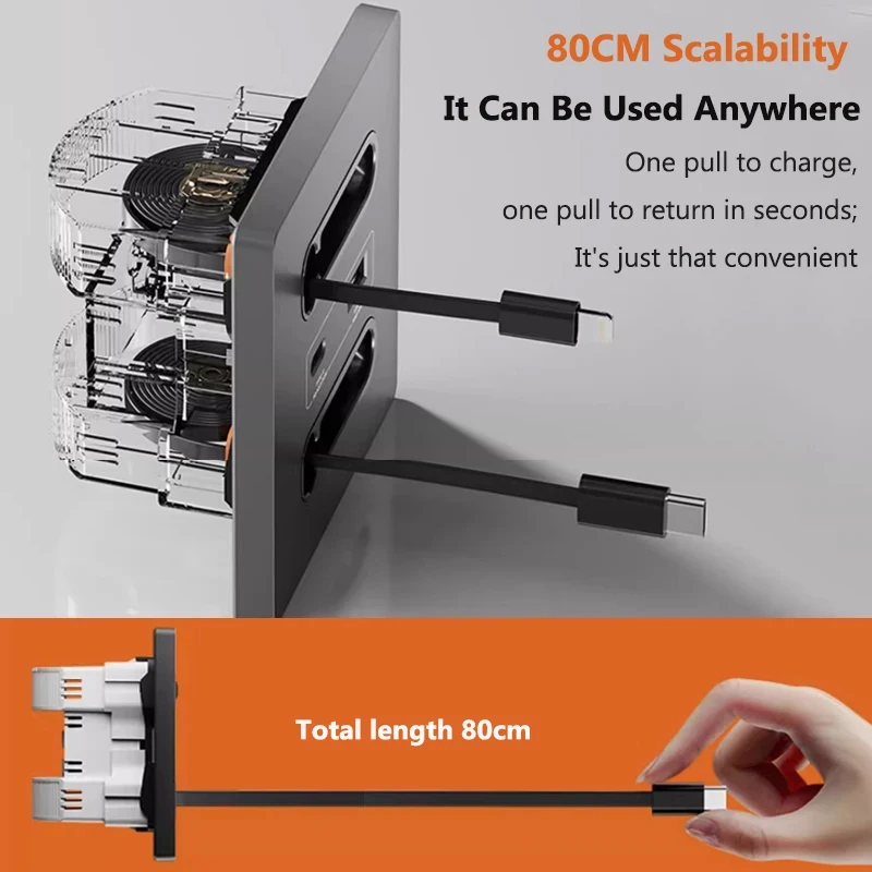 Universal Wall Socket 86-Type With 80cm Retractable Cable 12W Fast Charge Type-C USB Fast Charging for Laptop iPhone Samsung