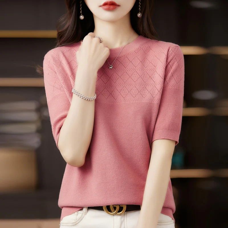 2023 Summer New Women\'s Short Sleeve Round Neck Knit Pullover Casual Hollow Out Sweater Short Sleeve Loose Fashion T-shirt Top