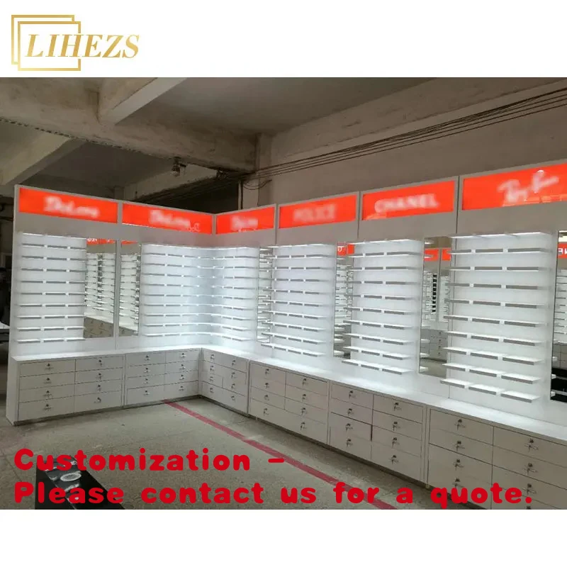 custom.Lighting Eyewear Eyeglass Store Shelves Display Lighting Optical Store Stand Sunglasses Display Cabinet With Mirror
