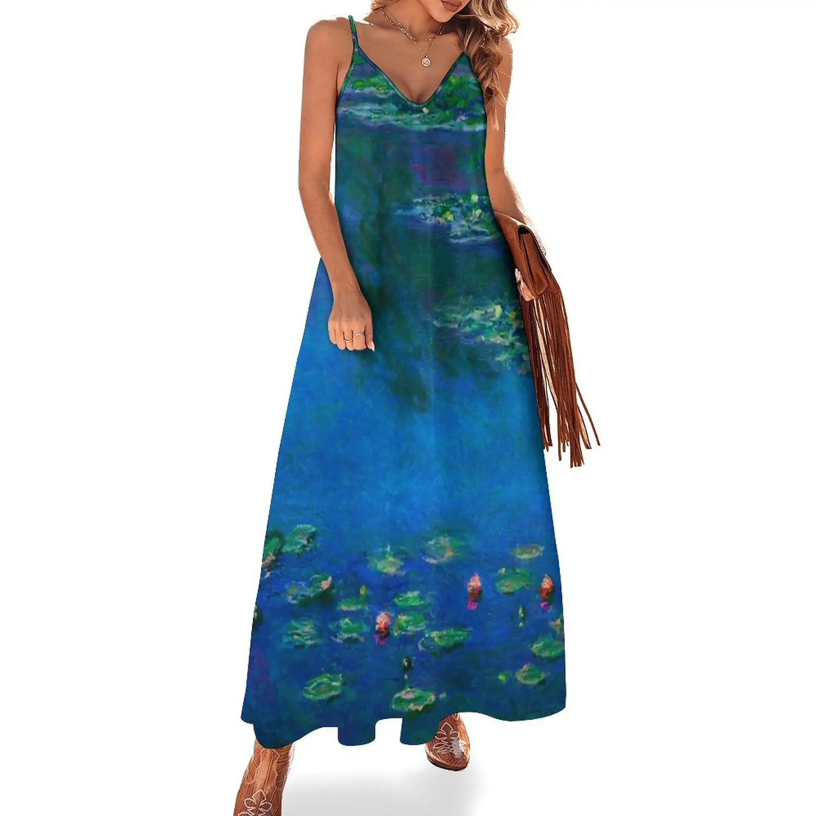 

claude monet - water Lilies,blue water Lilies Sleeveless Dress long sleeve dresses luxury woman evening dress