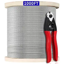 T316 Marine 1/8 Inch Stainless Steel Aircraft Wire Rope for Deck Cable Railing Kit,7x7 1000 Ft