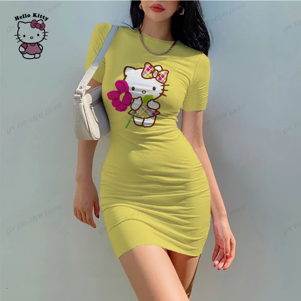 Hello Kitty Cartoon Women's Dress Elegant Dress Office Slim Fit Women's O-Neck Summer Casual Cartoon 3D Print Mini Dress Vestido