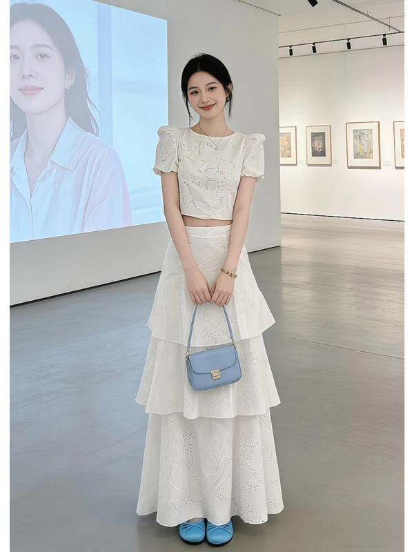 

Elegant Short Bubble Sleeve Top And High Waist Skirt Two Piece Set Women's Fashion Comfortable Slimming Cake Long Dress