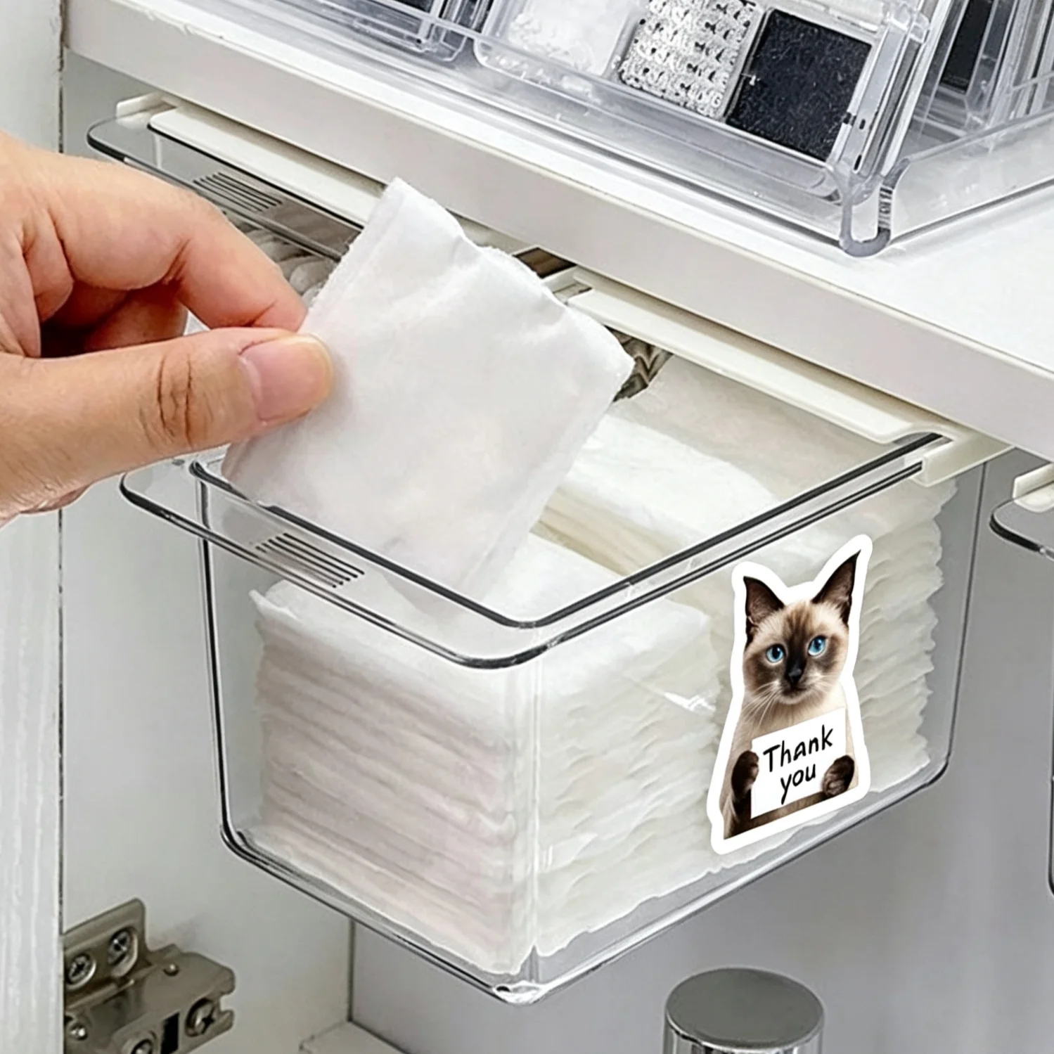 Drawer-style storage box with cat and dog stickers, transparent bathroom cotton pads, pull-out cotton pad storage box
