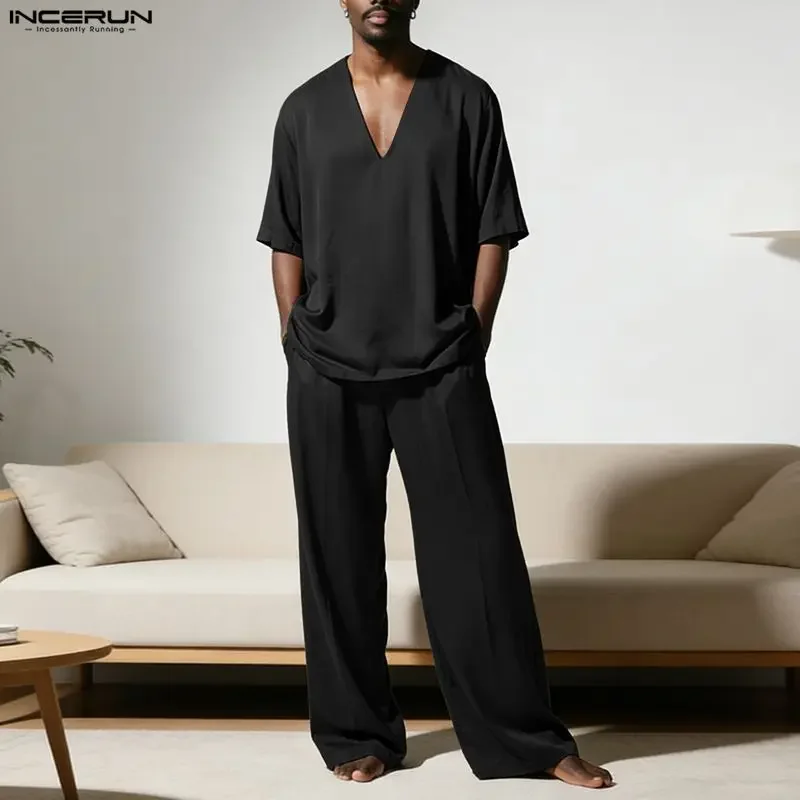 

INCERUN Men's Sets Solid V Neck Half Sleeve T Shirt & Pants Two Piece Sets Streetwear Oversize 2026 Men Matching Sets Tracksuit