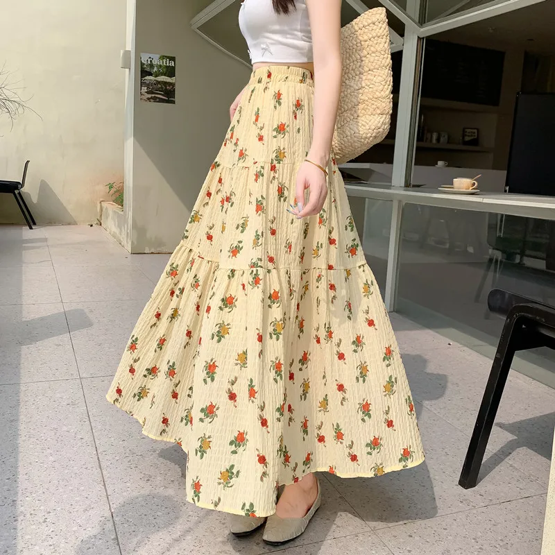

Ретро-плиссированная юбка миди в корейском стиле с цветочным принтом, женская юбка с высокой талией, текстурная юбка-трапеция с эффектом многослойного платья, юбка-парасолька