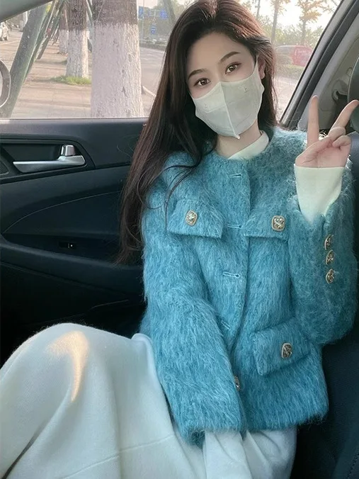 

Утепленная женская куртка премиум-класса с круглым вырезом и длинными рукавами, синяя, маленький размер, приталенный крой