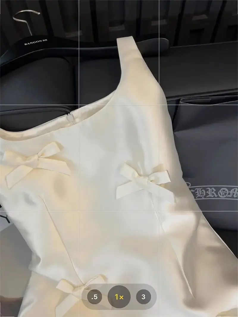 Women Elegant Mini Dress Satin Bow Decor Sleeveless Square Neck Slim Fit Suit French Style Party Club Night Summer Outfit