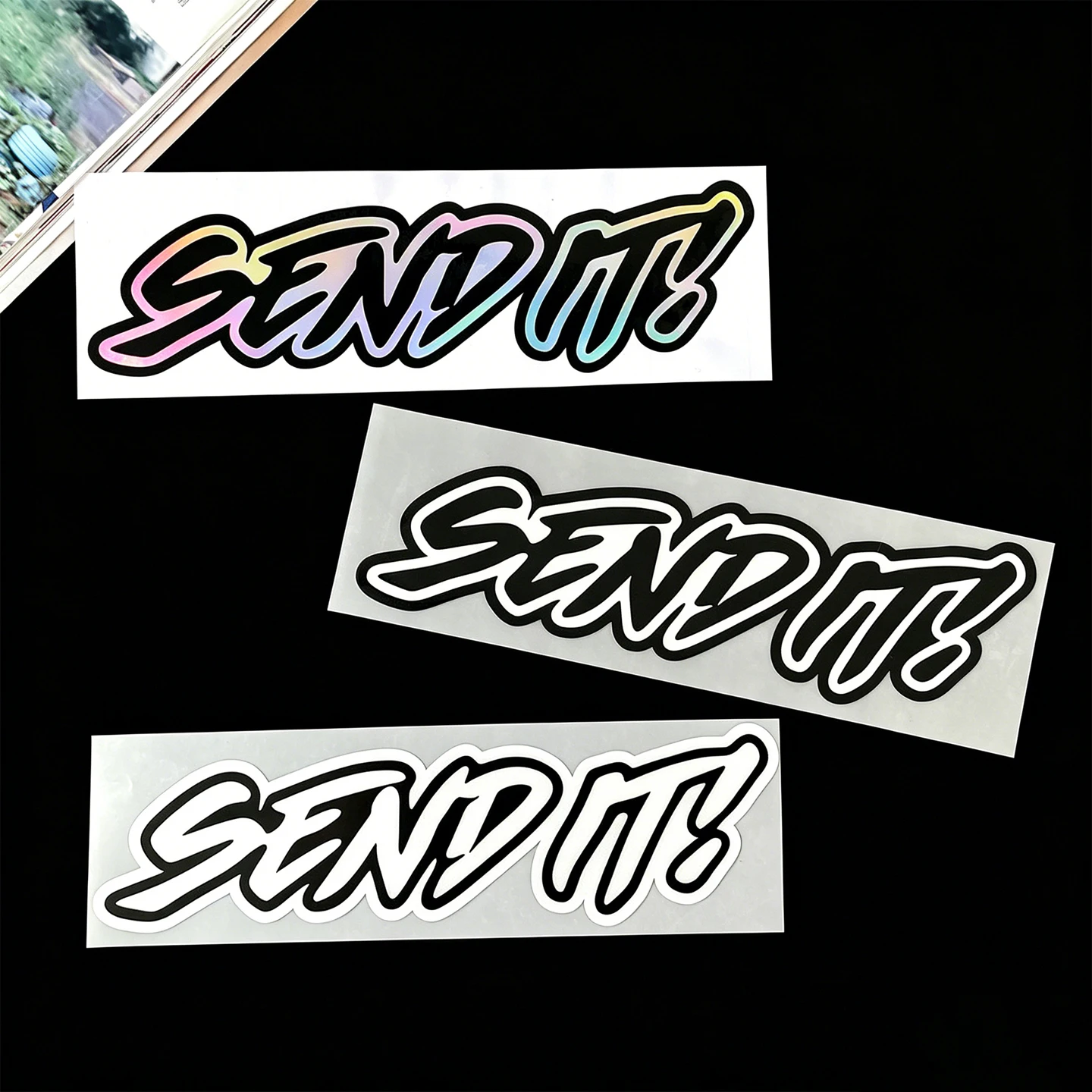 2PCS SEND IT Text Reflective/Laser Motorcycle Stickers Moto Motocross Scooter Body Fuel Tank Fairing Vinyl Accessories Decals
