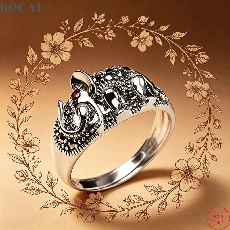BOCAI S925 Pure Silver Rings for Women Retro Fashion Personality Elephant Pattern Red Zircon Micro Marcasite Fine Jewelry