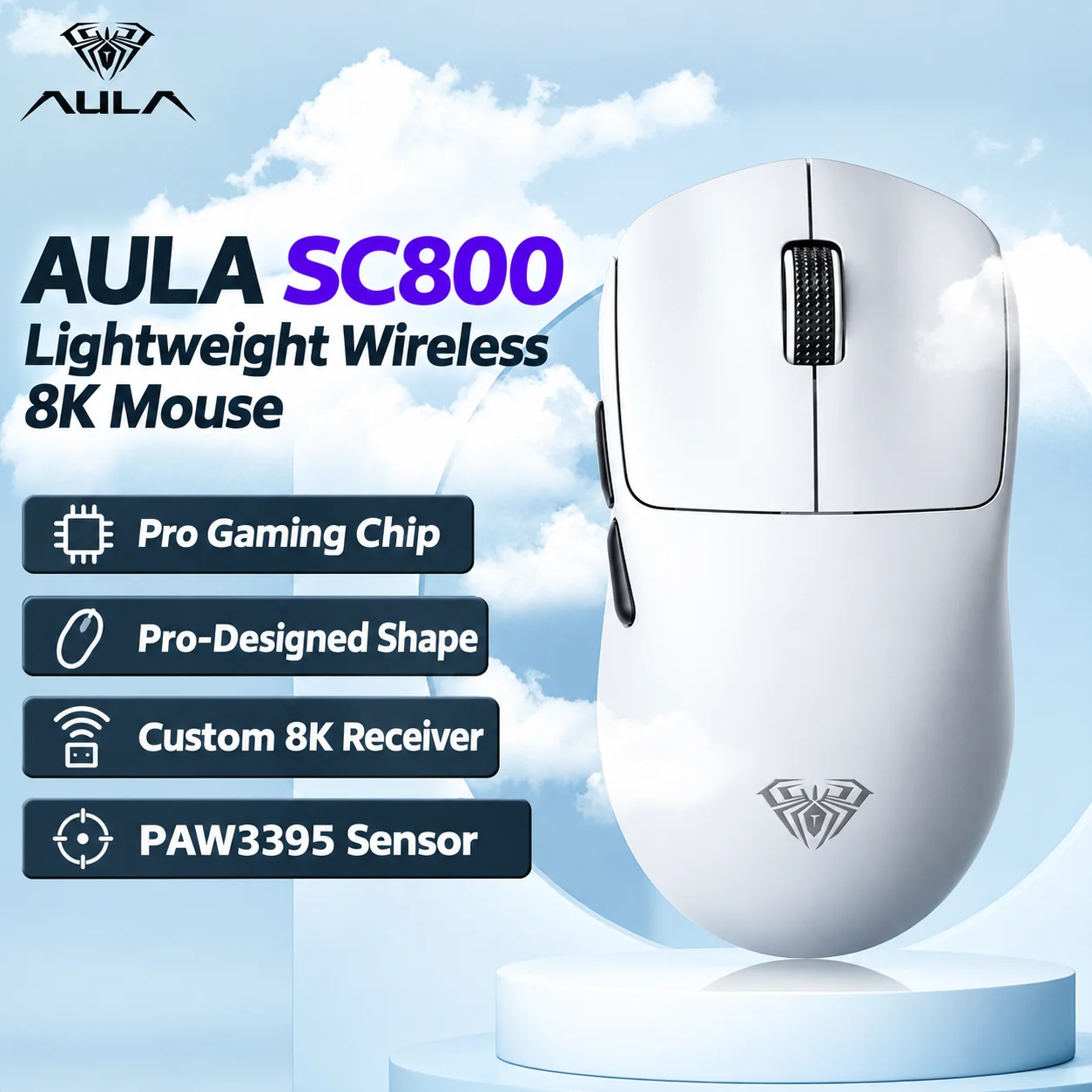 AULA SC800 Wireless Gaming Mouse 37g Ultra Lightweight PAW3395 26000 DPI 8000Hz 8K Receiver 2.4G USB-C Wired OMRON 50M Switches