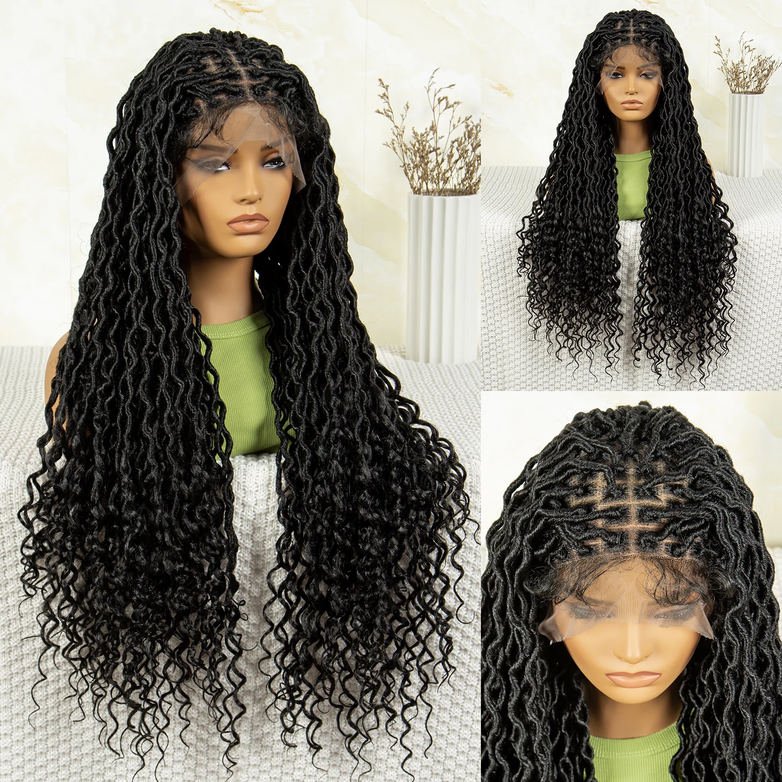 Lace Front Dreadlock Braided Wigs with Baby Hair for African Women Knotless Square Wigs Synthetic 32 In Box Braided Curly Wigs