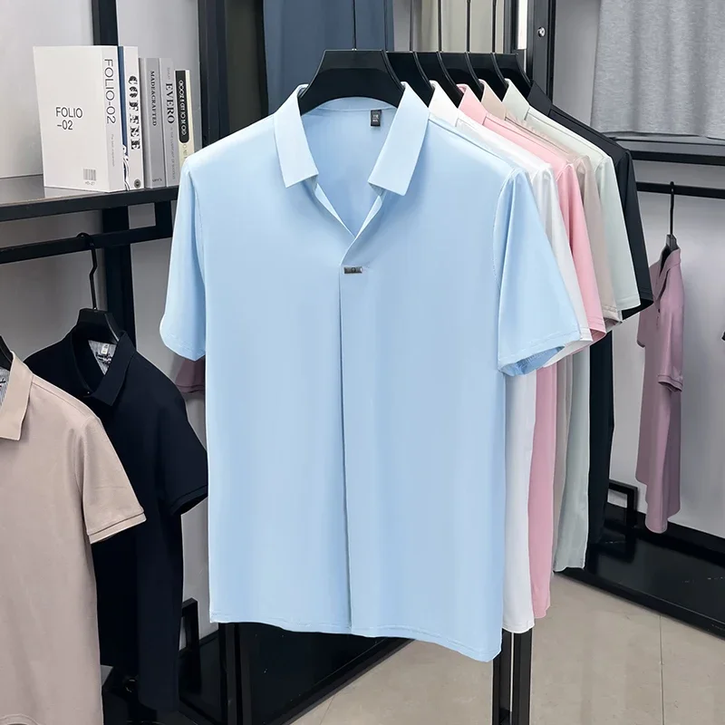 Cool touch seamless silky lapel shirt male single metal buckle placket stretch breathable anti sweat banquet walking apparel