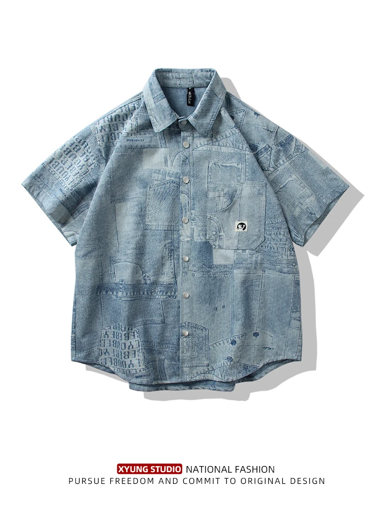 

Retro Washed Short Sleeve Printed Denim Shirt Men Summer Outdoor Casual American Style Half Sleeve Jacket Couple Tops