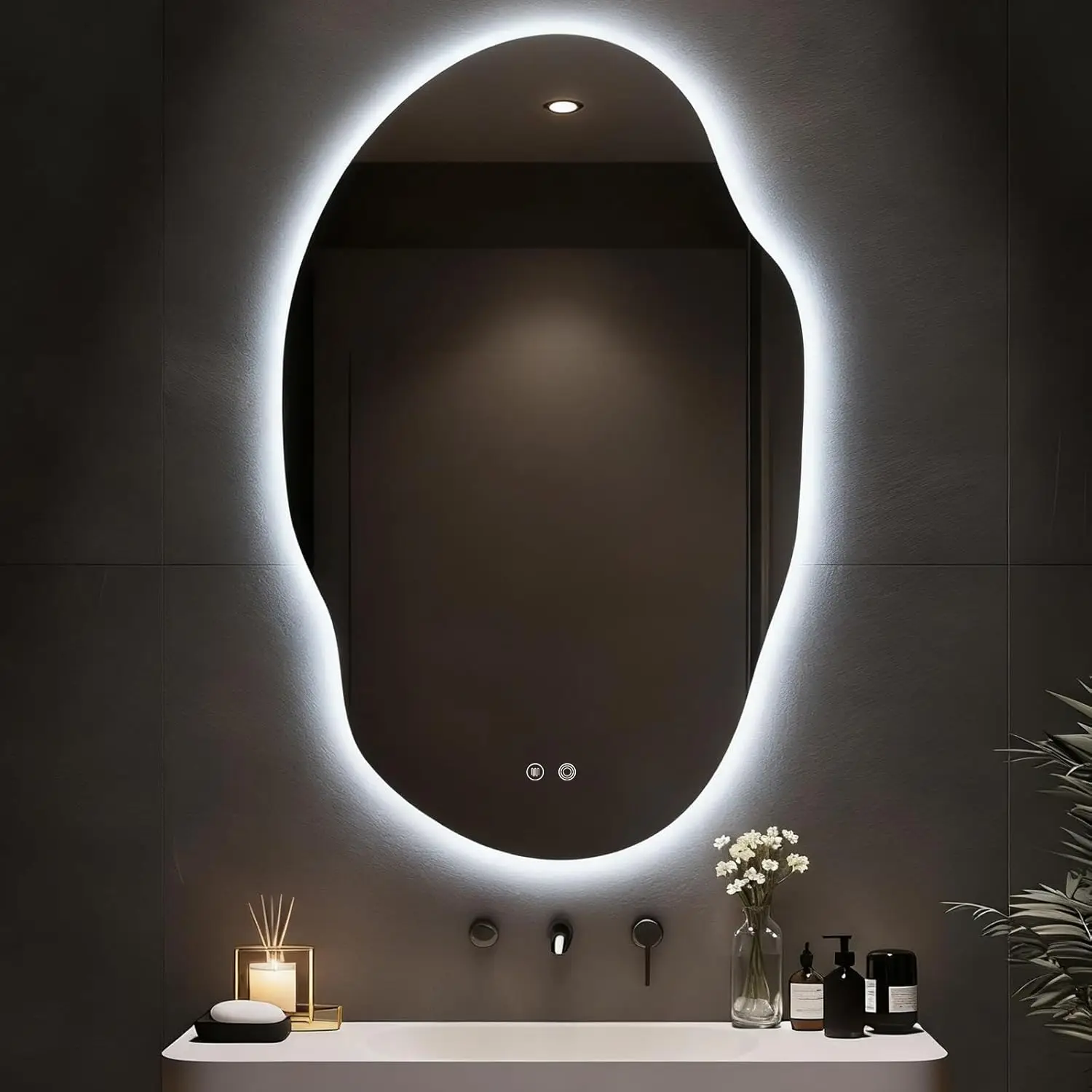 

Asymmetrical Bathroom Mirror with Lights,Irregular LED Bathroom Vanity Mirror with Backlit,Anti-Fog,3 Colors and Dimmable Light with Memory,Hardwired Supported[Horizontal/Vertical] 48" H x 30" W