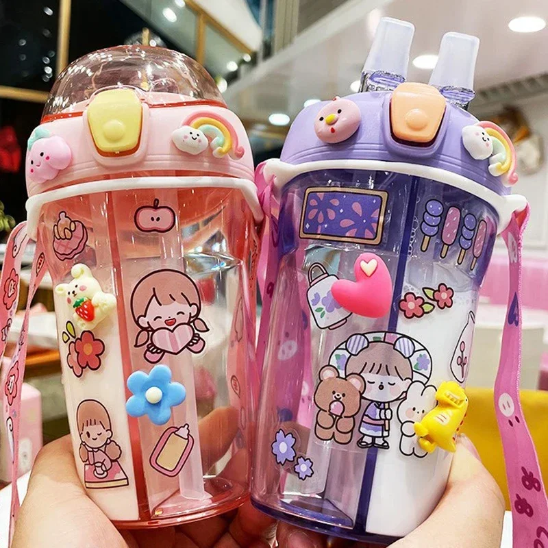 

430ml Cute Children Double Drinking Water Bottle Student Couple Cup Gift School Kid Kawaii Kettle Portable Straw Tumbler Mug