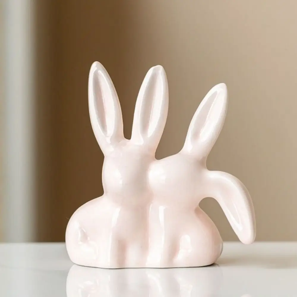 Unique Aesthetic Ceramic Rabbit Ring Holder Handicraft Decorative Kiss Couple Bunny Figurine Creative Cartoon Style