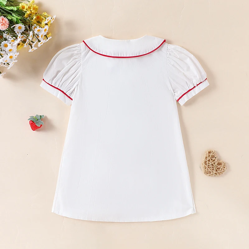 Baby Girl Summer Dress Short Sleeve Doll Collar 3D Cherry Front A-Line Dress Toddler Casual Dress