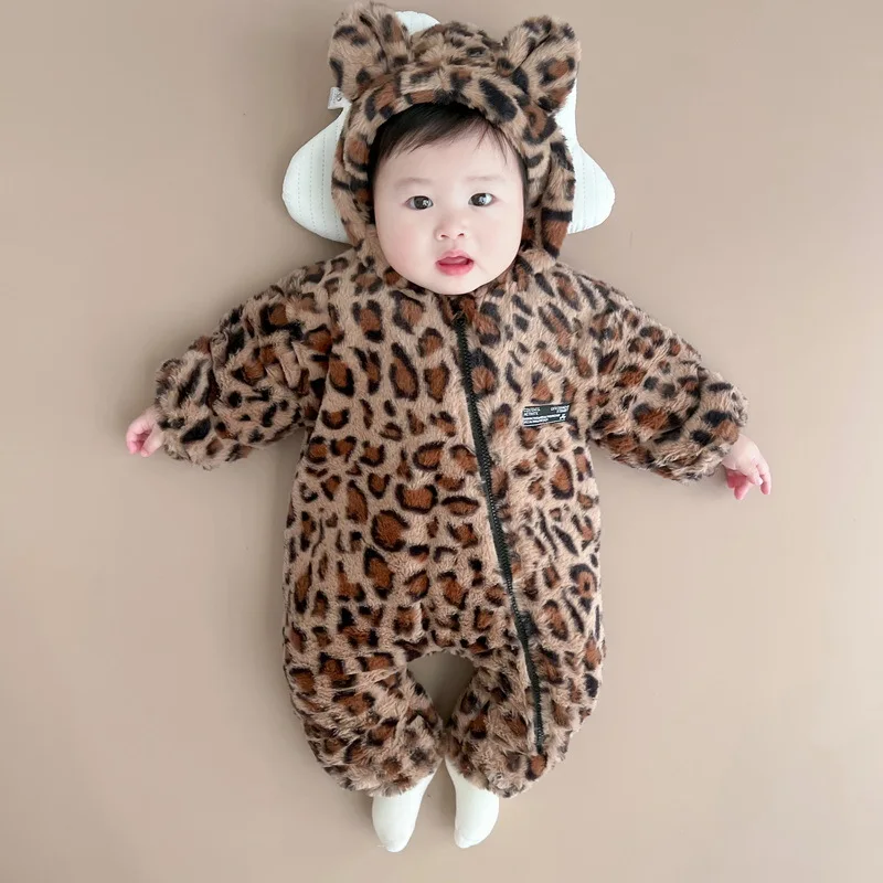 Rompers Fur Velvet Jumpsuit Pajamas Hooded Jackets Outerwear Coats Tops Childrens Warmth Baby Winter Thick Fashion Leopard Print