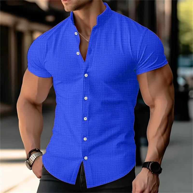 

9 Colors Men's Stand Collar Linen Shirt Summer Beach Party Button Short Sleeve Shirt Casual Daily Outing Men's Clothing