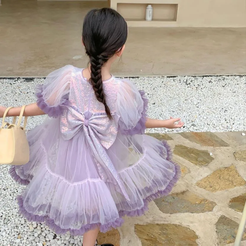 TuTu Gilr Purple Dress Summer New Short Sleeve Sequins Patchwork Bow Dress Children Elegant Mesh Dress Kids Party Dress Wz697