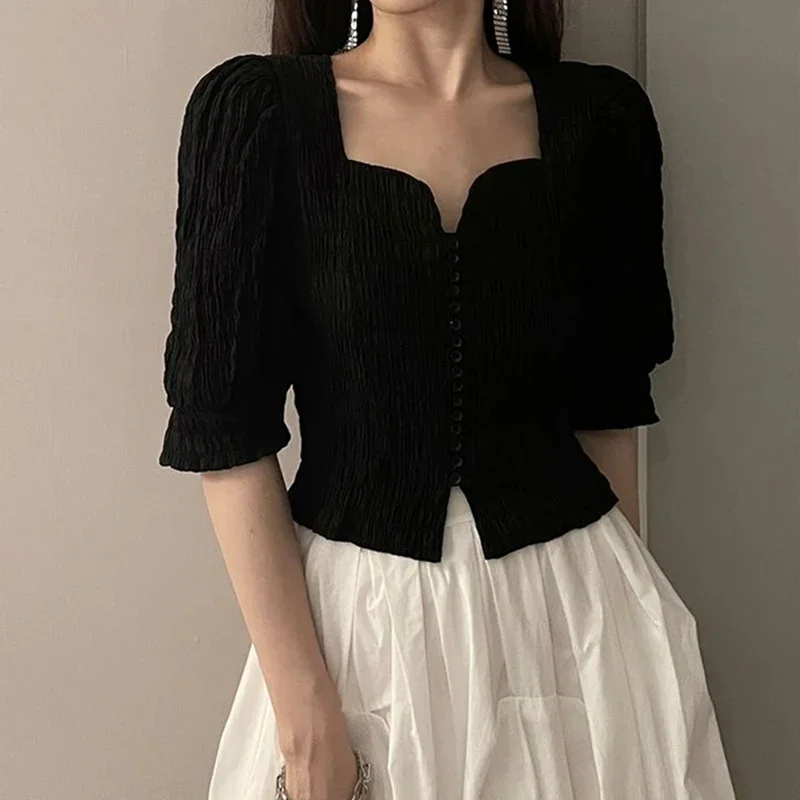 

GIDYQ Black Square Collar T Shirt Women Vintage Folds Puff Short Sleeve Crop Tees Korean Fashion Casual Slim Office Lady Tops