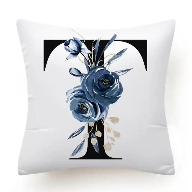 Flower Pillow Case Letter Decorative     Cushion  Blue