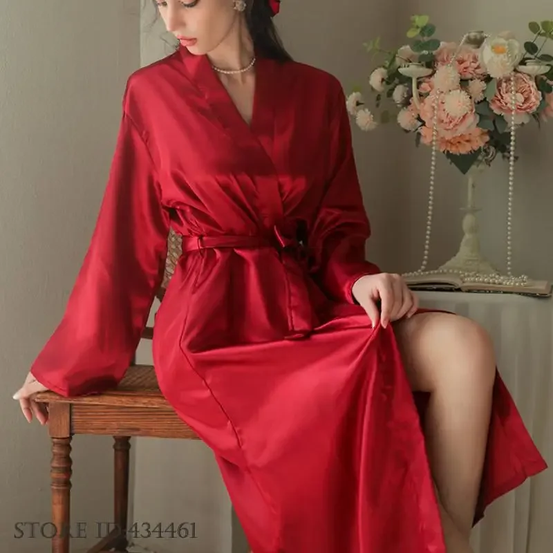 الأبيض الحرير الساتان العروس وصيفه الشرف الزفاف رداء فستان المرأة ملابس خاصة طويلة كيمونو البشكير ثوب مثير فضفاض ملابس المنزل المتسكعون