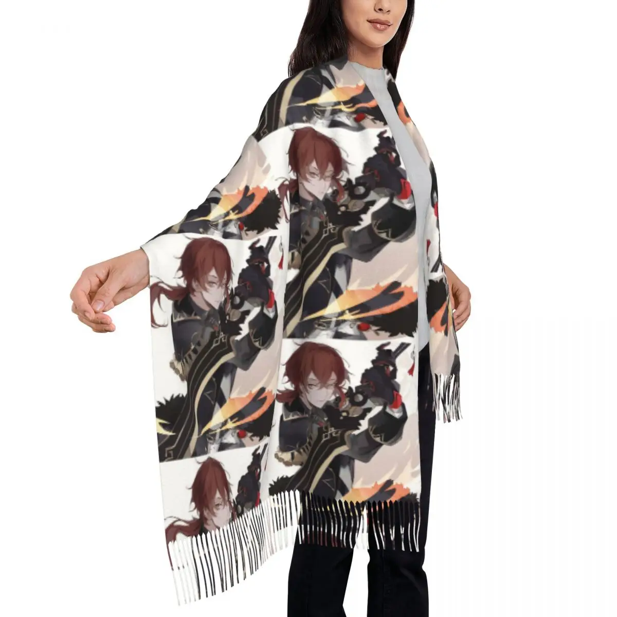 Genshin Impact Diluc Ragnvindr Diluc Ragnvindr Anime Sjaal Kwastje Sjaals voor Vrouwen Warme Sjaals en Wraps Herfst Winter Sjaal Wrap