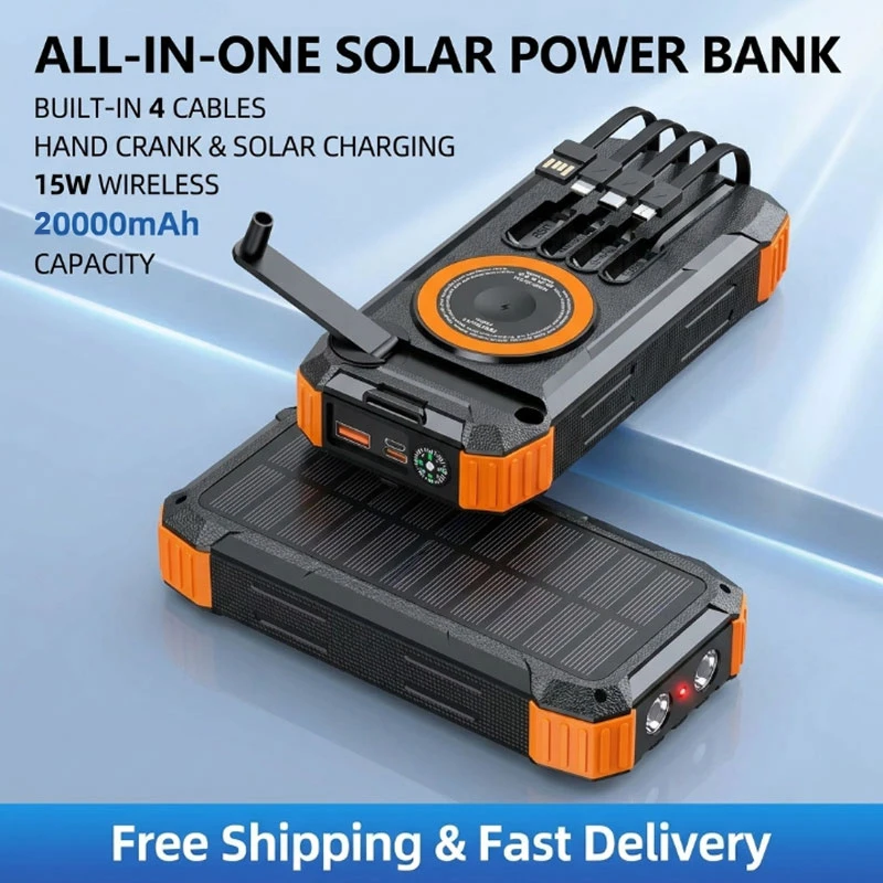 

Solar Power Bank High Capacity,4 Built-in Cables Wireless Charger,Hand Crank Generator & LED Flashlight for Outdoor Emergency