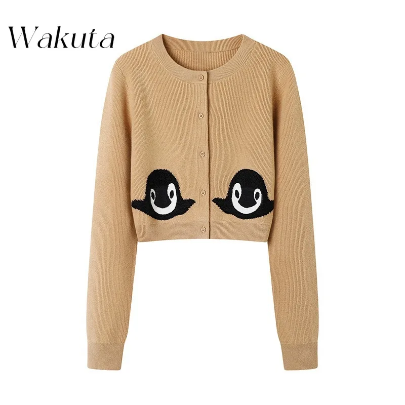 WAKUTA Korean Classic Autumn New Women's Retro Style Sweater Color Collision Penguin Head Jacquard Short Knit Sweaters 여성 반팔 니트