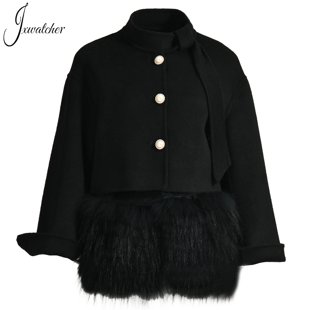 Jxwatcher Women Cashmere Coat For Winter Real Fur Decoration Vest And Wool Coat Two Piece Set Ladies Outwear Fall New Arrival