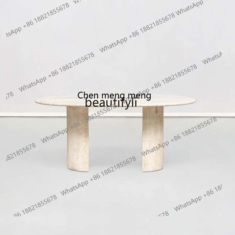178CC Designer wabi-sabi minimalist villa restaurant natural yellow travertine dining table large oval table
