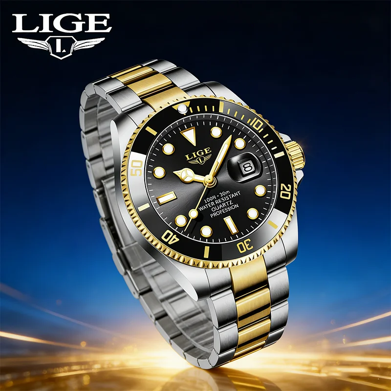 

Мужские роскошные часы LIGE, кварцевые часы с автоматической датой, военные часы из нержавеющей стали, деловые мужские часы, водонепроницаемые, светящиеся, для подарков