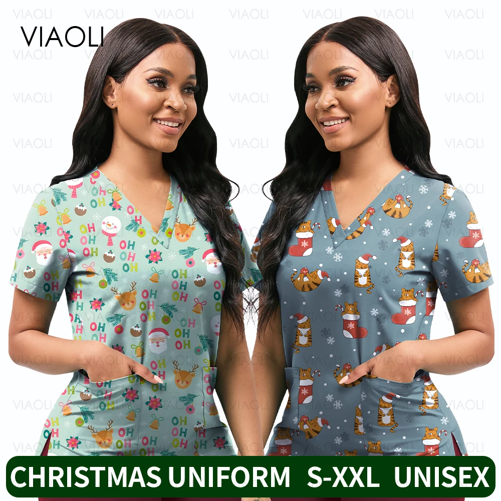 Surgical Uniforms Holidays Christmas Prints Blouse Pocket Design Surgical Costume Woman Men V-Neck Nurse T-shirt Medical Uniform