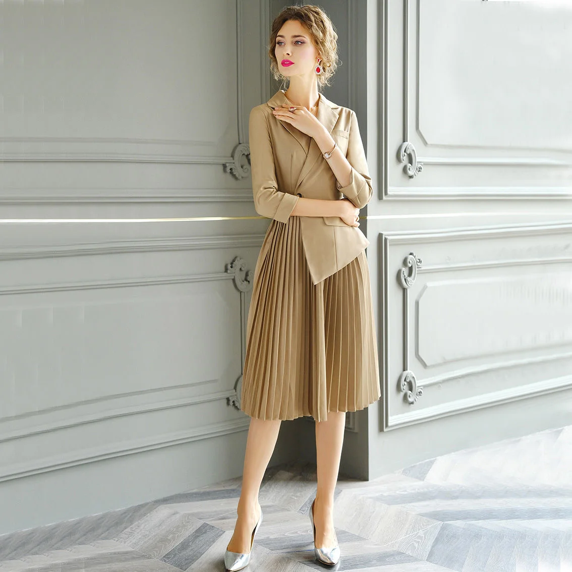 two-piece Fake dress women's autumn temperament fashion commuter OL suit collar stitching mid-length pleated skirt