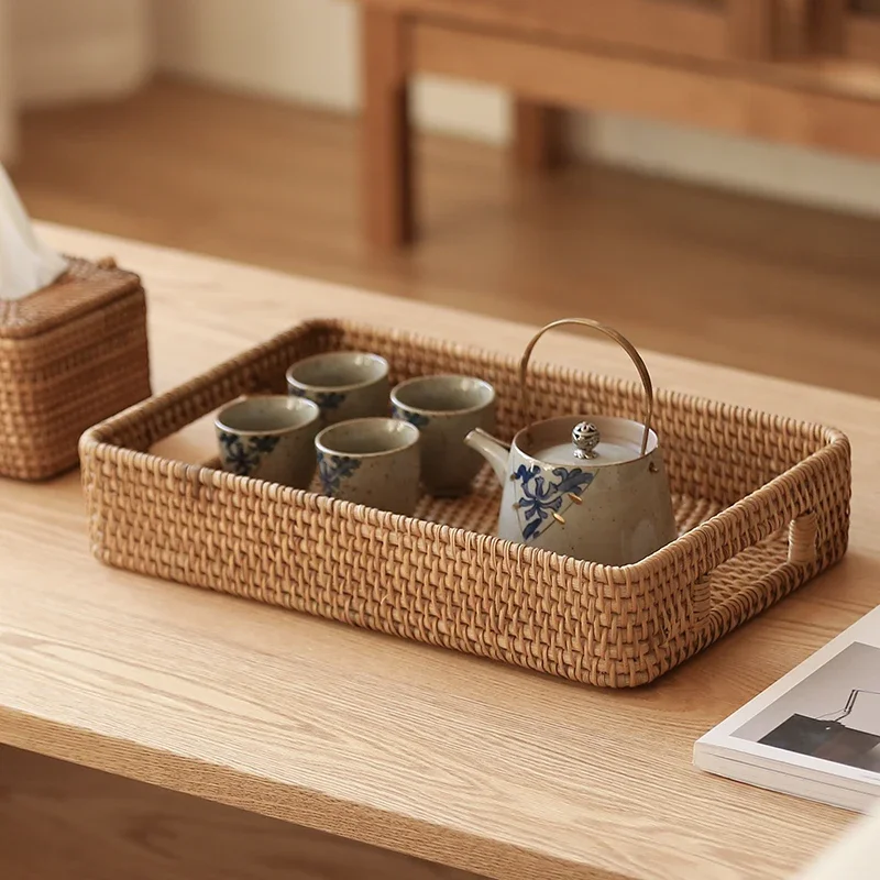 

Прямоугольная корзина для хранения продуктов из ротанга, чайный сервиз, поднос для хлеба, фруктов, корзина для домашнего использования, гостиная, плетение ручной работы, органайзер, поднос