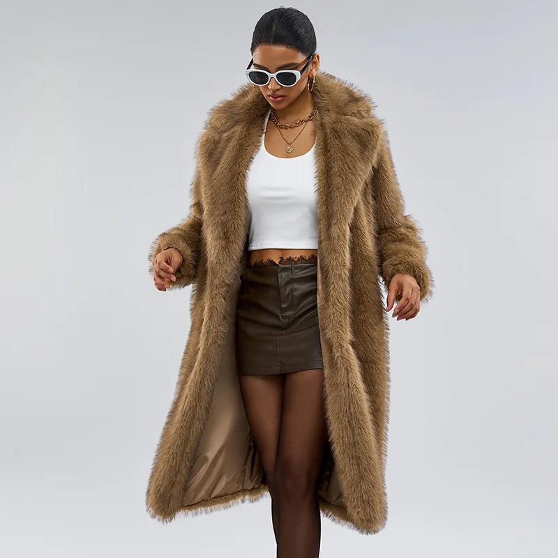 Mantel Bulu Imitasi Wanita Mantel Panjang Tebal Hangat Kerah Turun Y2k Jaket Streetwear Elegan Pakaian Luar Musim Semi Jaket Musim Gugur Musim Dingin