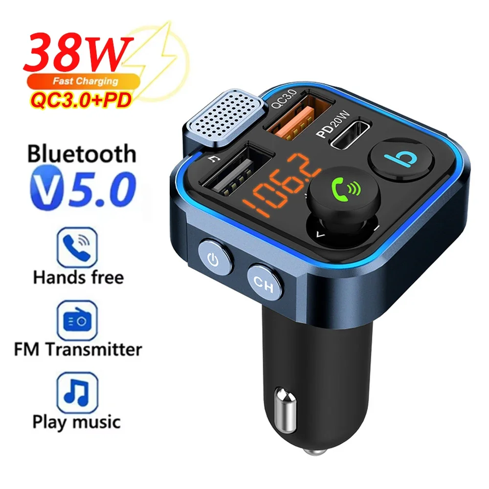 FM Transmitter Wireless Bluetooth 5.0 Handsfree Car Kit Audio MP3 Player With Type-C PD 20W+ QC3.0 Fast USB Charger Adapte