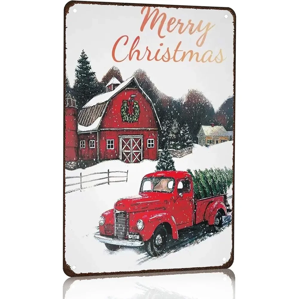 Vintage Christmas Decor Gifts Rustic Red Truck Merry Christmas Tin Sign for Home Farmhouse Kicthen Cafe Bar Wall Decor