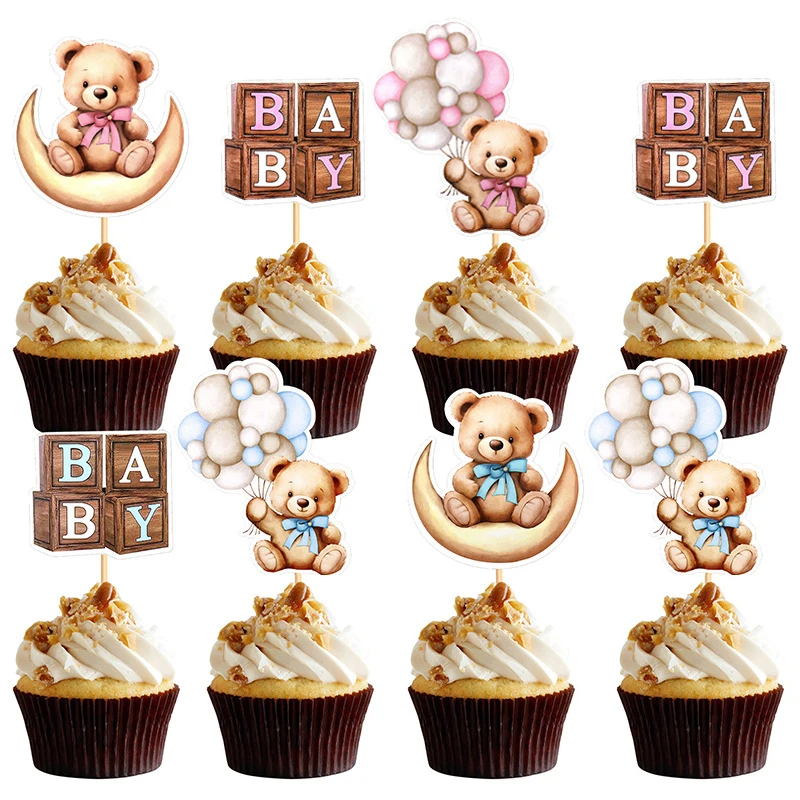 12 stücke niedlichen blauen rosa Bären kuchen deckel alles Gute zum Geburtstag Cupcake Topper Kinder 1. Geburtstags torte Dekor Obst Zahnstocher Baby party